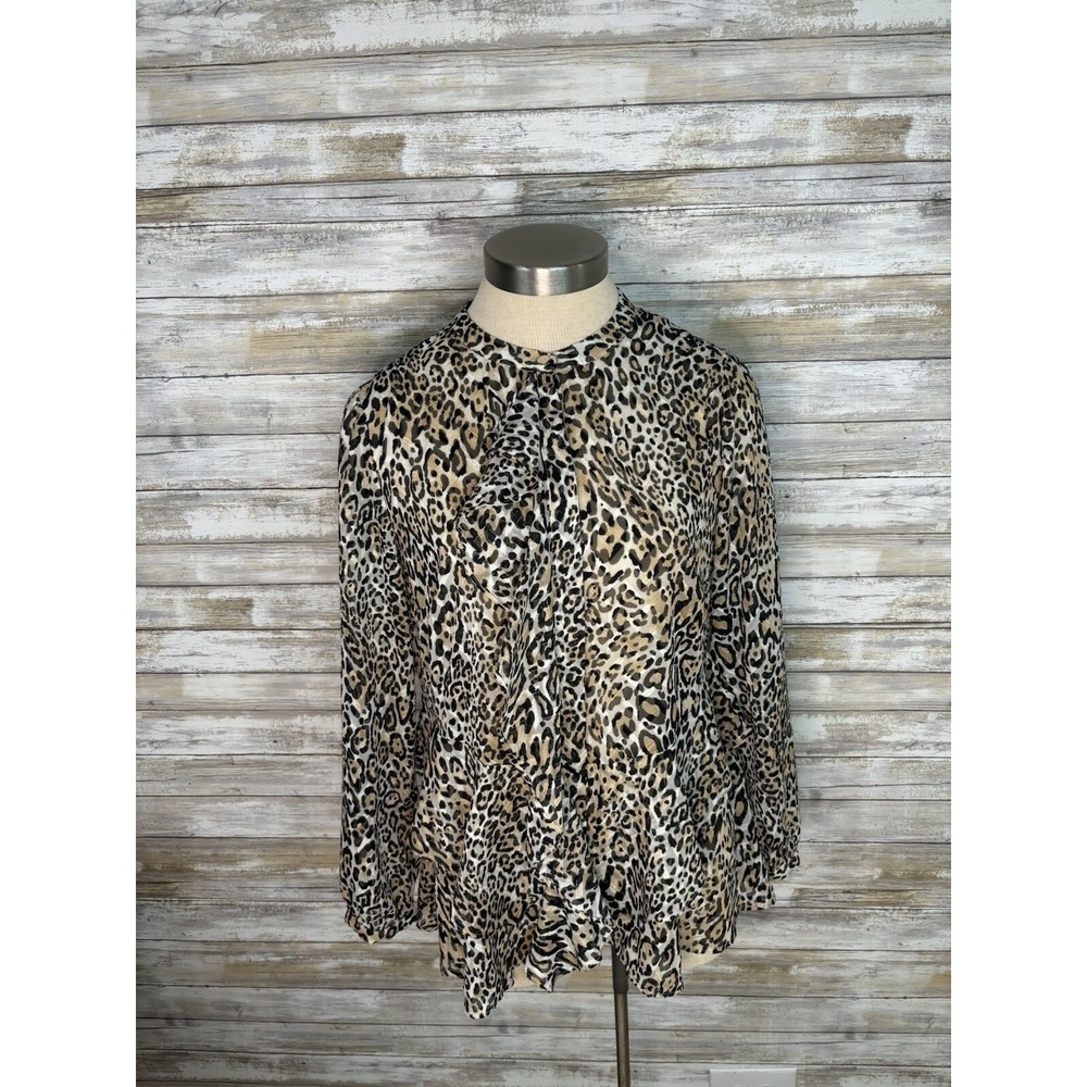 Chicos Small‎ Leopard Print Ruffle Button Long Sleeve Sheer Top Women Size O